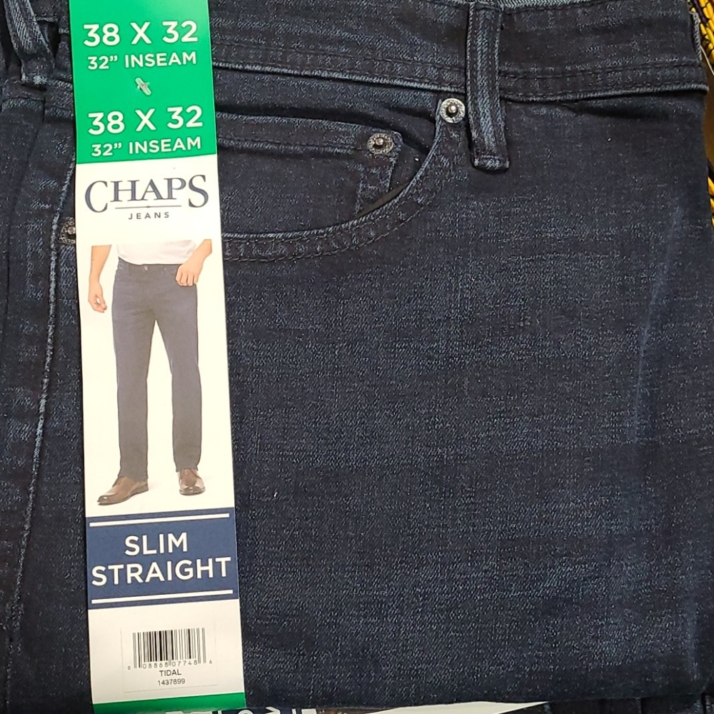 New CHAPS Mens Slim Straight Fit Jeans Tidal Dark Wash Deium - Picture 2 of 3